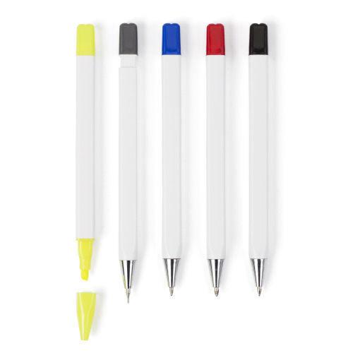 Zestaw piśmienniczy, ołówek, zakreślacz i długopisy z wkładem w kolorze nakrętki biały V1314-02 (2)