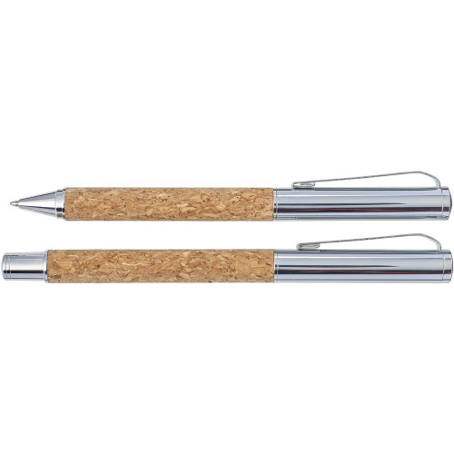 Korkowy zestaw piśmienniczy, długopis i pióro kulkowe jasnobrązowy V1964-18 (1)