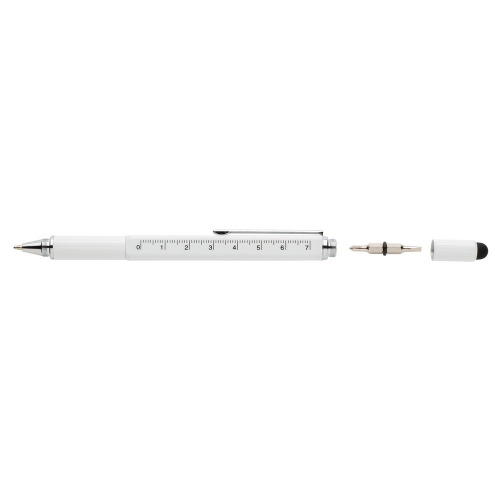 Długopis wielofunkcyjny, linijka, poziomica, śrubokręt, touch pen biały V1996-02 (2)