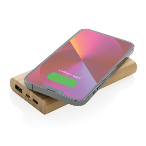 Bambusowy, bezprzewodowy power bank 8000 mAh, ładowarka bezprzewodowa 5W