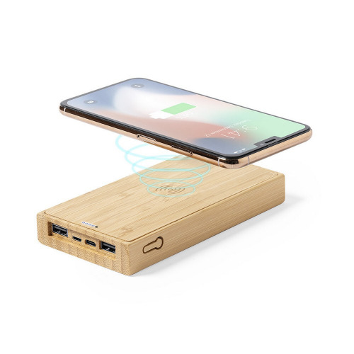 Bambusowy bezprzewodowy power bank 10000 mAh, ładowarka bezprzewodowa 5W, ładowarka słoneczna Brązowy V8335-16 (5)