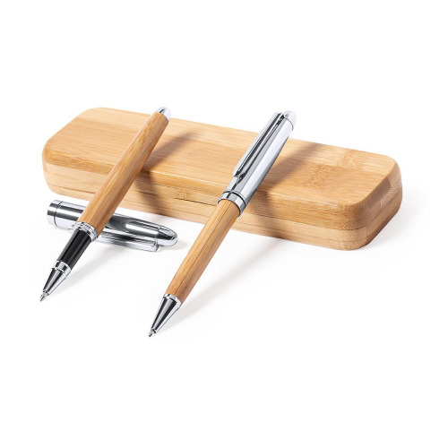 Bambusowy zestaw piśmienny, długopis i pióro kulkowe jasnobrązowy V9348-18 (4)