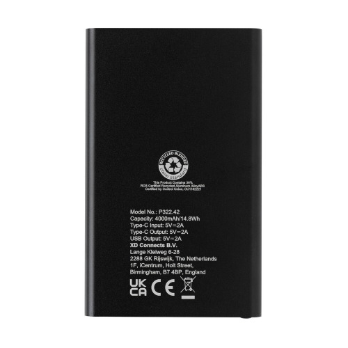 Power bank 4000 mAh z aluminium z recyklingu Czarny P322.421 (4)