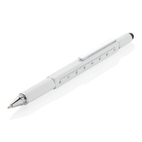 Długopis wielofunkcyjny, linijka, poziomica, śrubokręt, touch pen biały V1996-02 